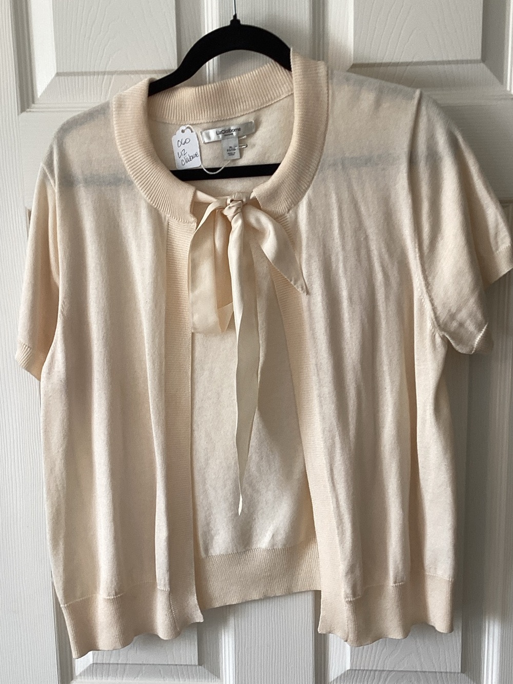 Liz Claiborne Cream Tie-Neck Short Sleeve Cardigan